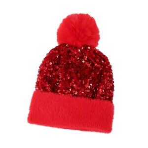 317. Red Sequin Pom Pom Beanie